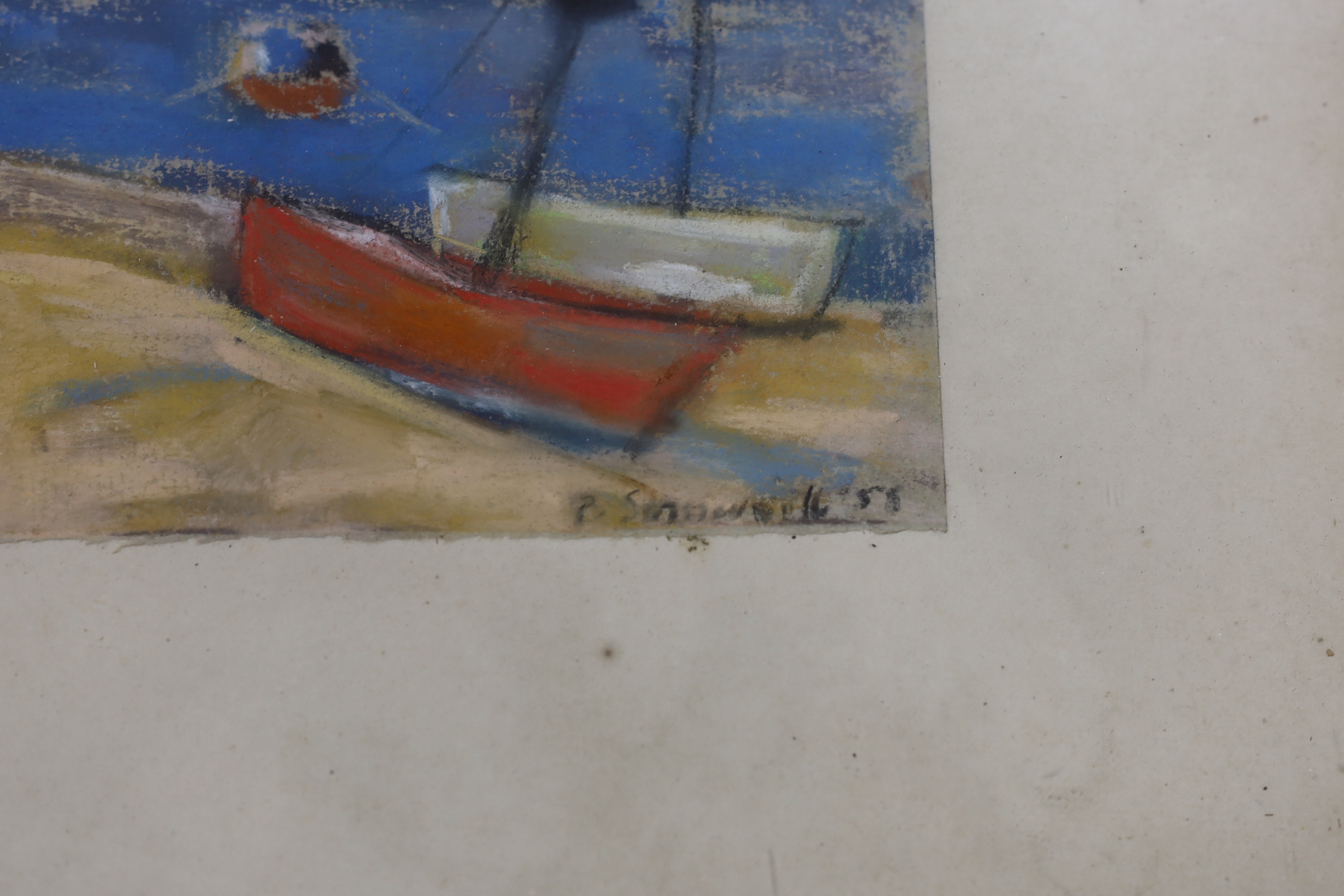 Peggy Somerville (1918-1975) Beach scene with boats, signed and dated '58, 23 x 30cm